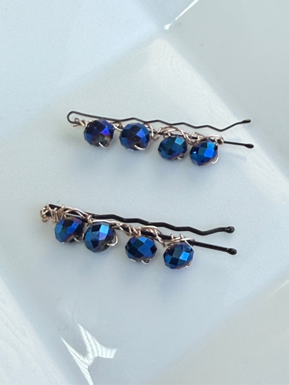 Blue Metallic AB Round Faceted Beaded Bobby Pins
